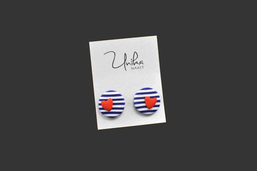 mali temno modri beli uhani srček rdeči - Unika Nakit