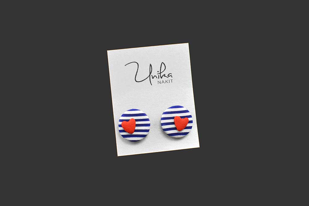 mali temno modri beli uhani srček rdeči - Unika Nakit