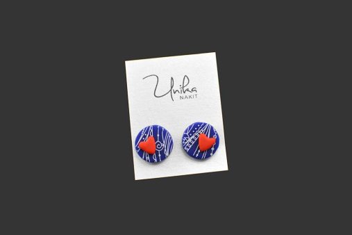 mali temno modri uhani srček rdeči - Unika Nakit