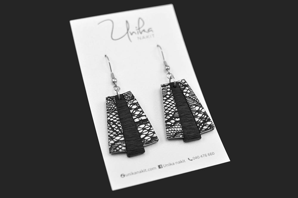 elegant viseči uhani črni beli čipka - Unika Nakit