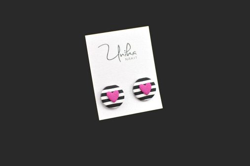 unikatni črtasti uhani srček pink - Unika Nakit