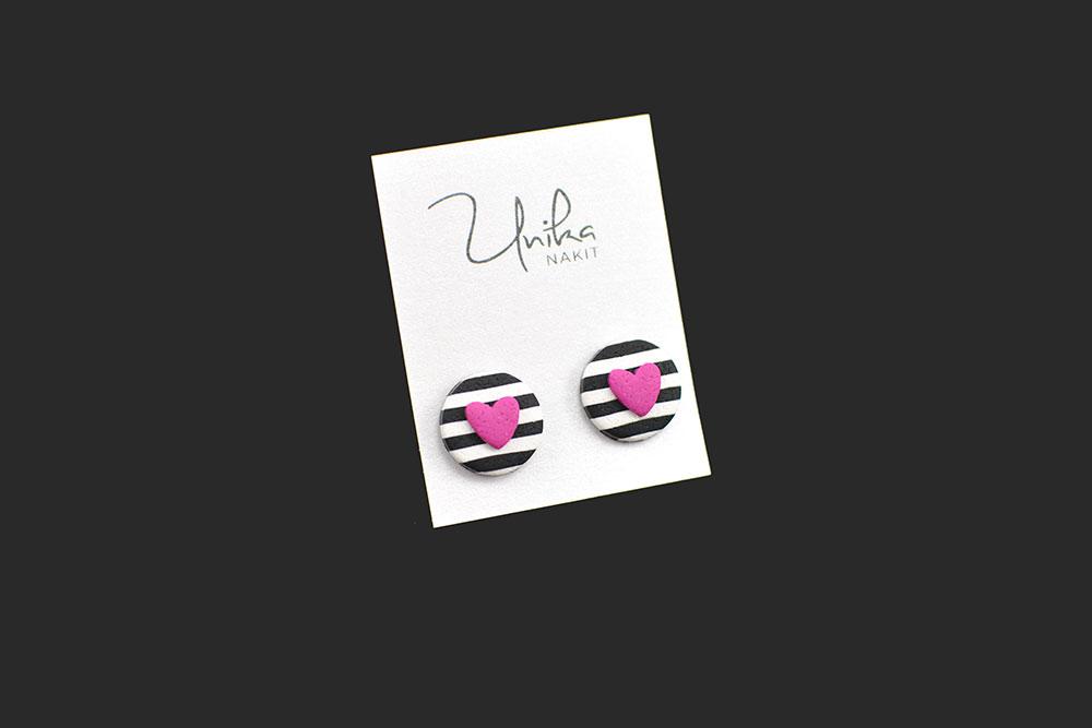 unikatni črtasti uhani srček pink - Unika Nakit
