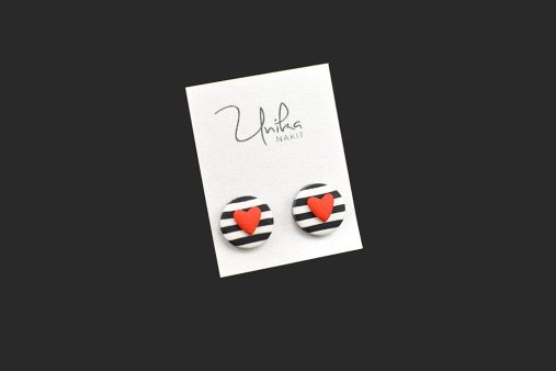 unikatni črtasti uhani srček rdeči - Unika Nakit