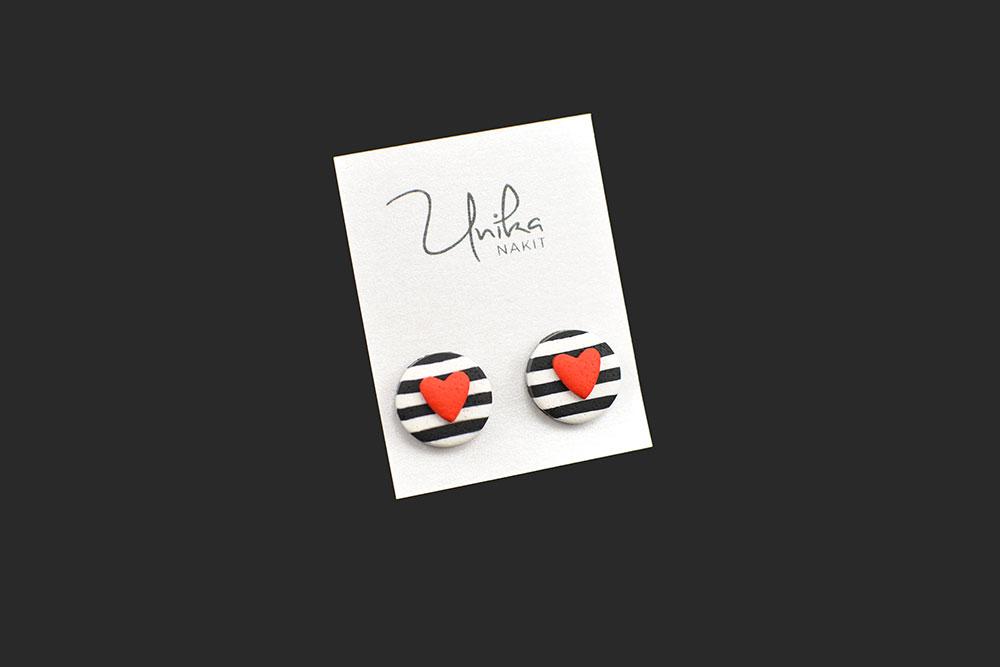 unikatni črtasti uhani srček rdeči - Unika Nakit
