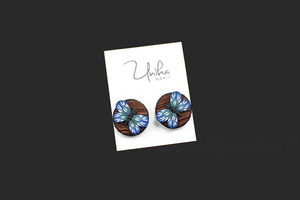 Ročno izdelani metulj uhani unikatni - imitacija lesa - modri woody - Unika Nakit