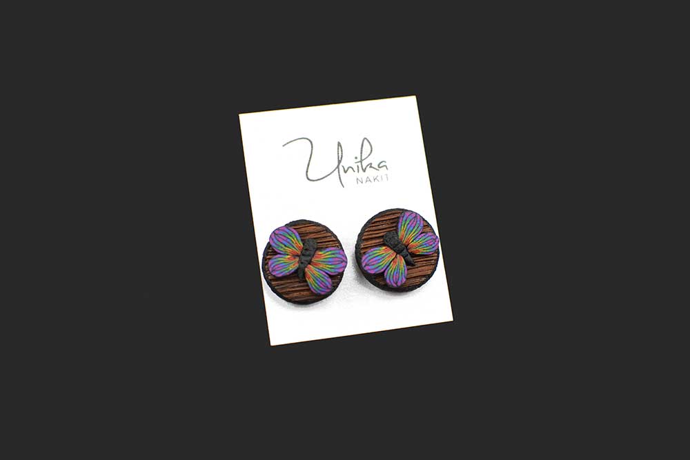 Ročno izdelani metulj uhani unikatni - imitacija lesa - pisani woody - Unika Nakit