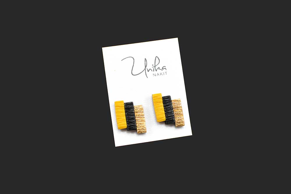 ročno izdelani unikatni uhani rumeni zlati črni Stube - Unika Nakit