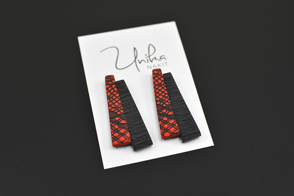 veliki unikatni rdeči črni Čipka uhani Elegant - Unika Nakit