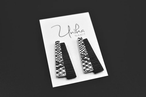 veliki unikatni črni beli čipka uhani Elegant - Unika Nakit